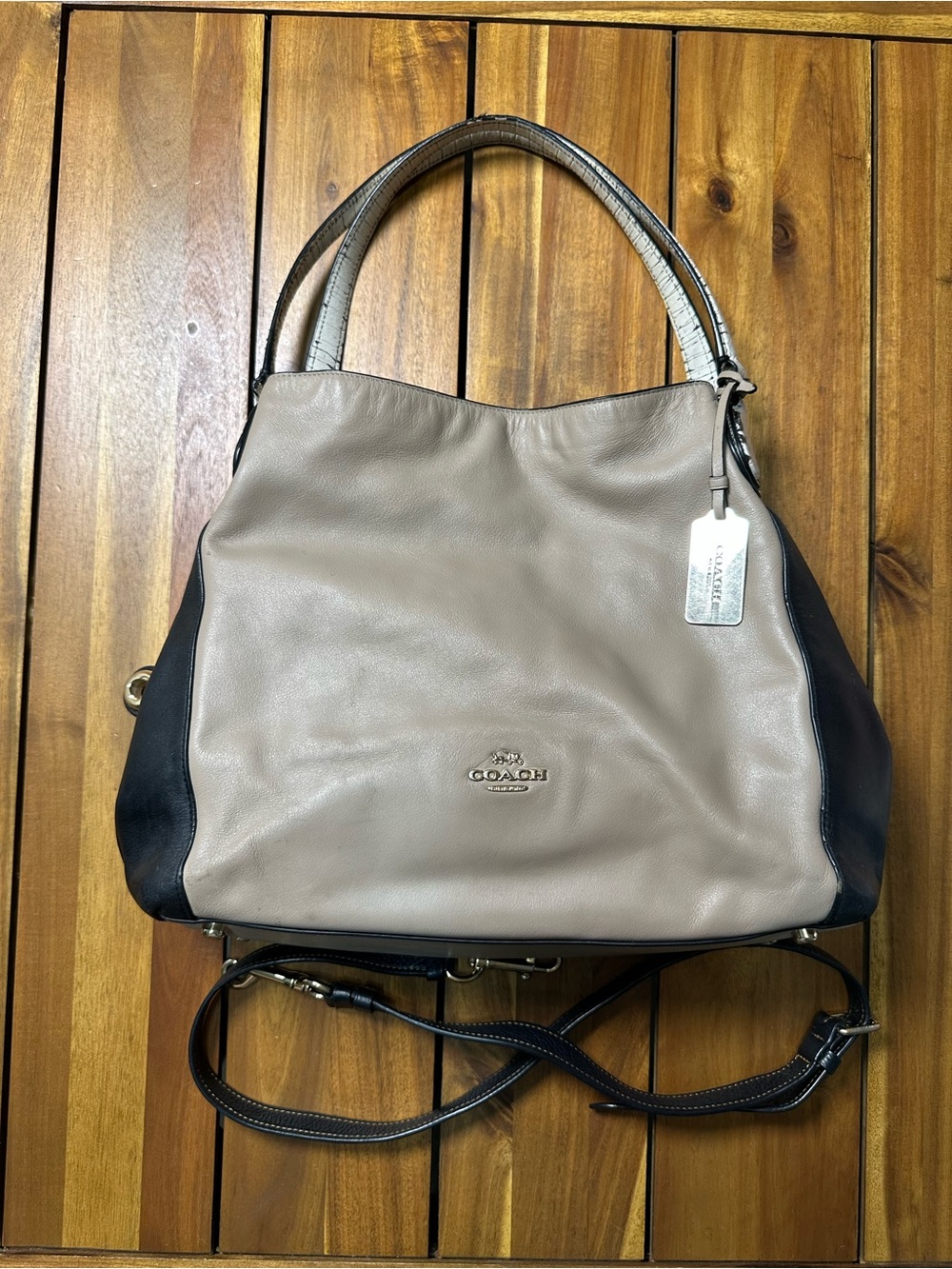 Coach Edie 31 Two-Tone Taupe and Black Leather Shoulder Tote